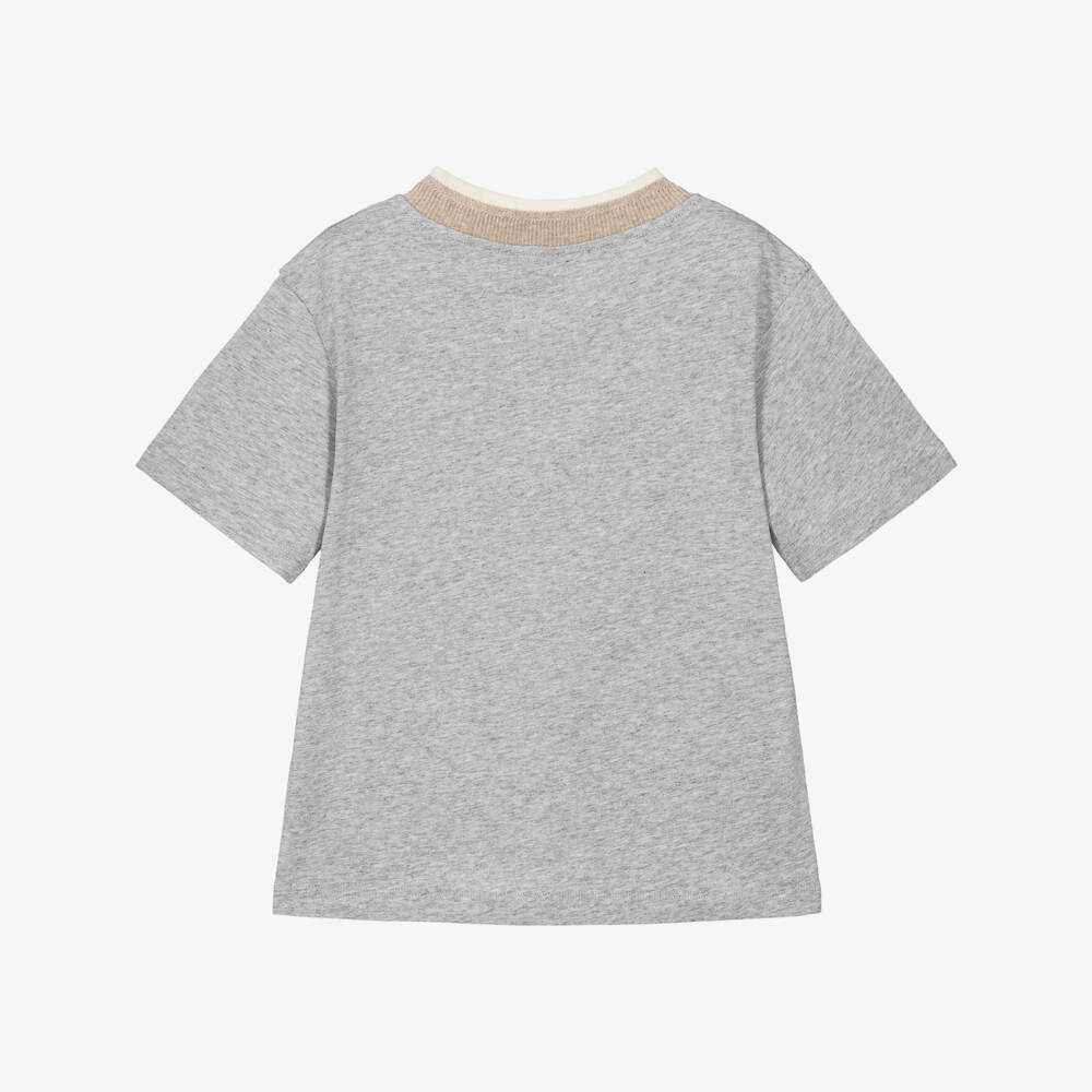 Eleventy-Boy Grey Marl Cotton T-Shirt with Ribbed Neck | Childrensalon