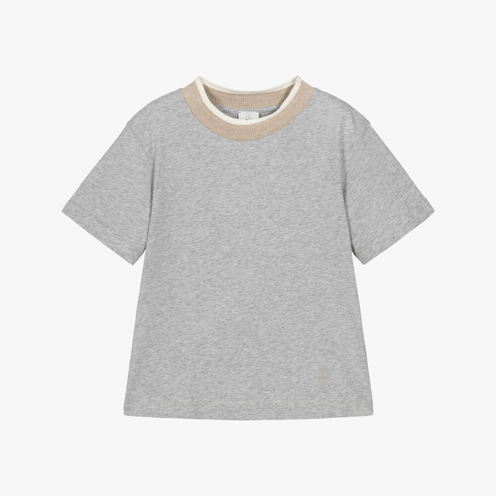 Eleventy-Boy Grey Marl Cotton T-Shirt with Ribbed Neck | Childrensalon