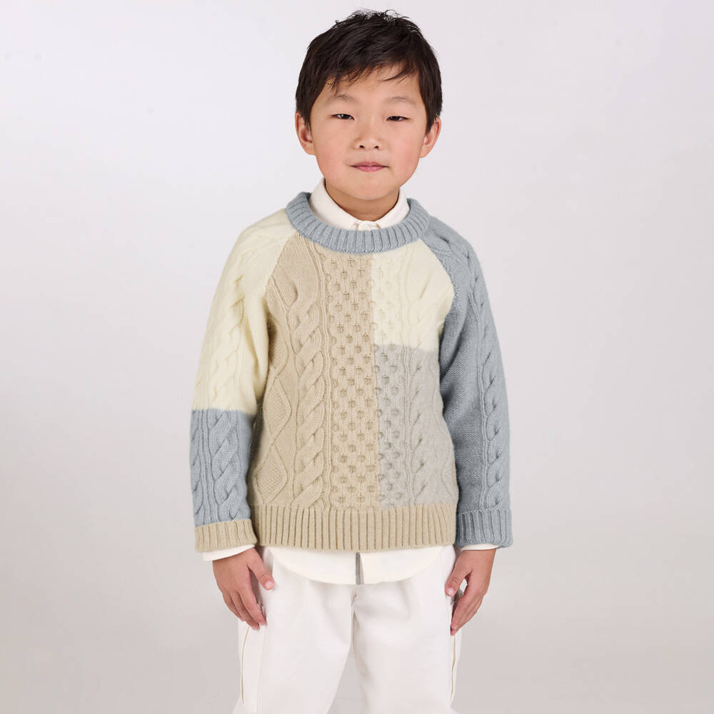 Eleventy-Boys Beige & Blue Colourblock Wool Knit Jumper | Childrensalon