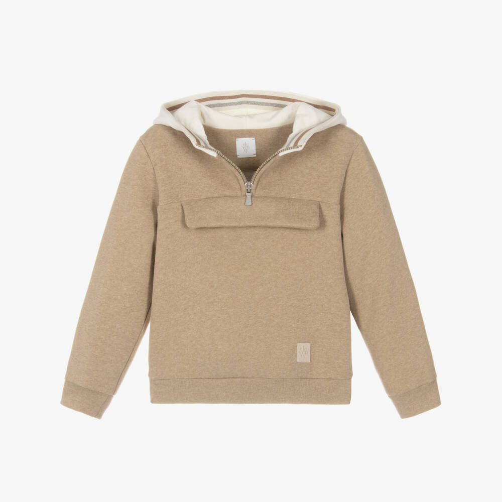 Eleventy-Boys Beige Cotton Jersey Hoodie | Childrensalon