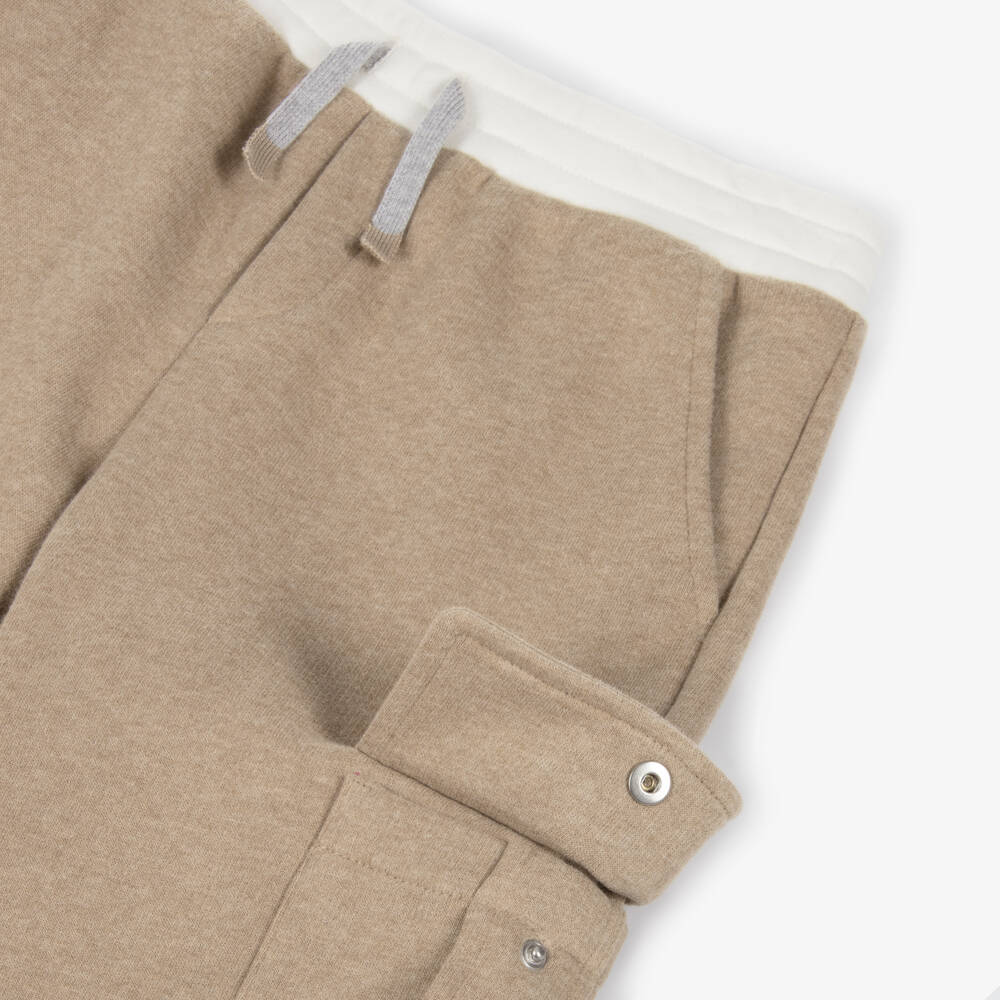 Eleventy-Boys Beige Cotton Jersey Joggers with Ivory Drawstring Waist | Childrensalon