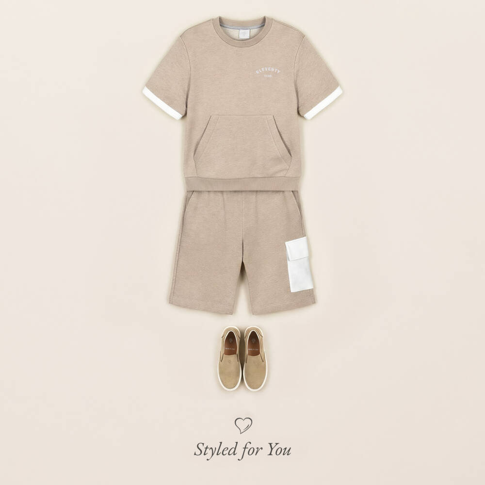 Eleventy-Boys Beige Cotton Jersey Shorts with Ivory Pocket | Childrensalon