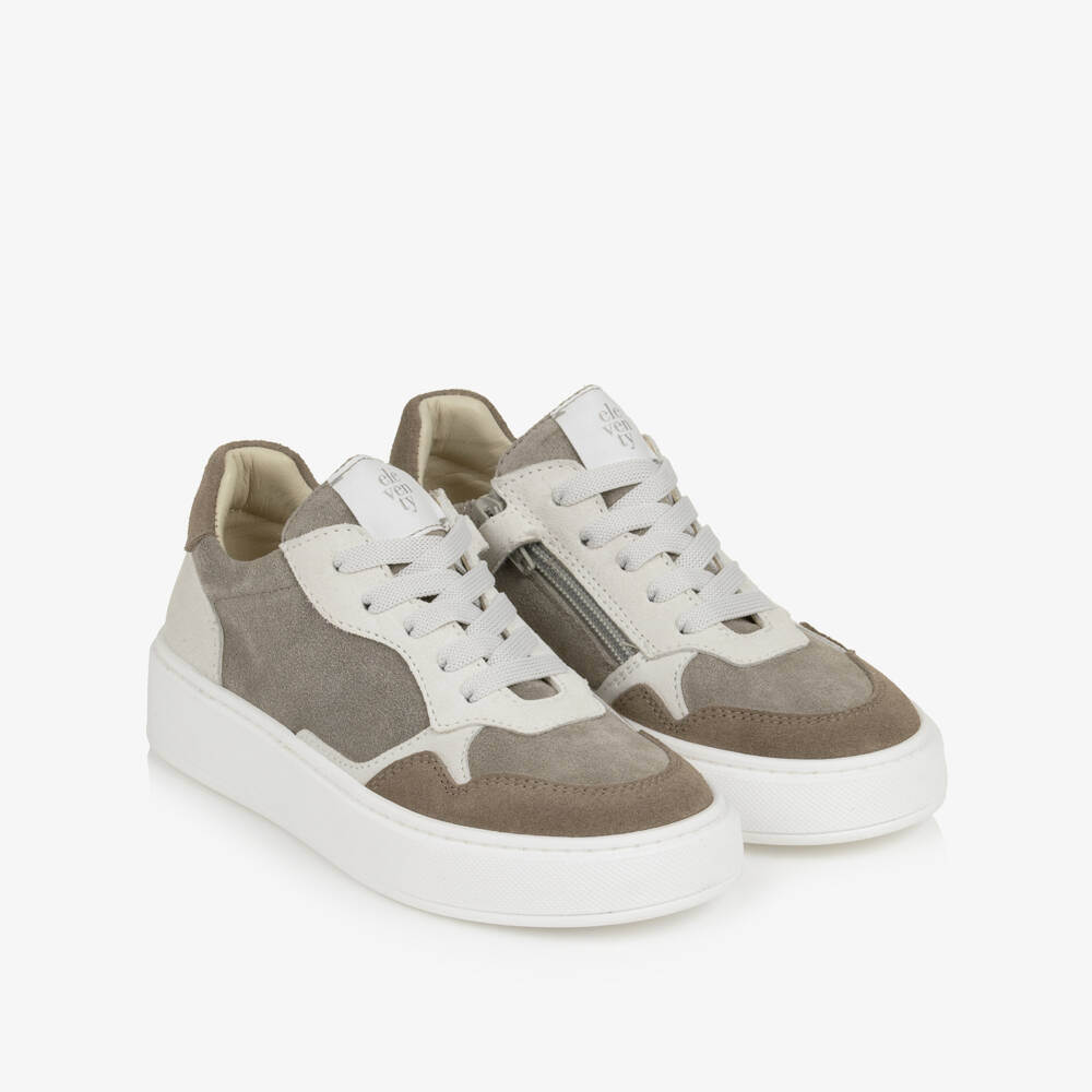 Eleventy-Boys Beige & Grey Suede Leather Trainers | Childrensalon