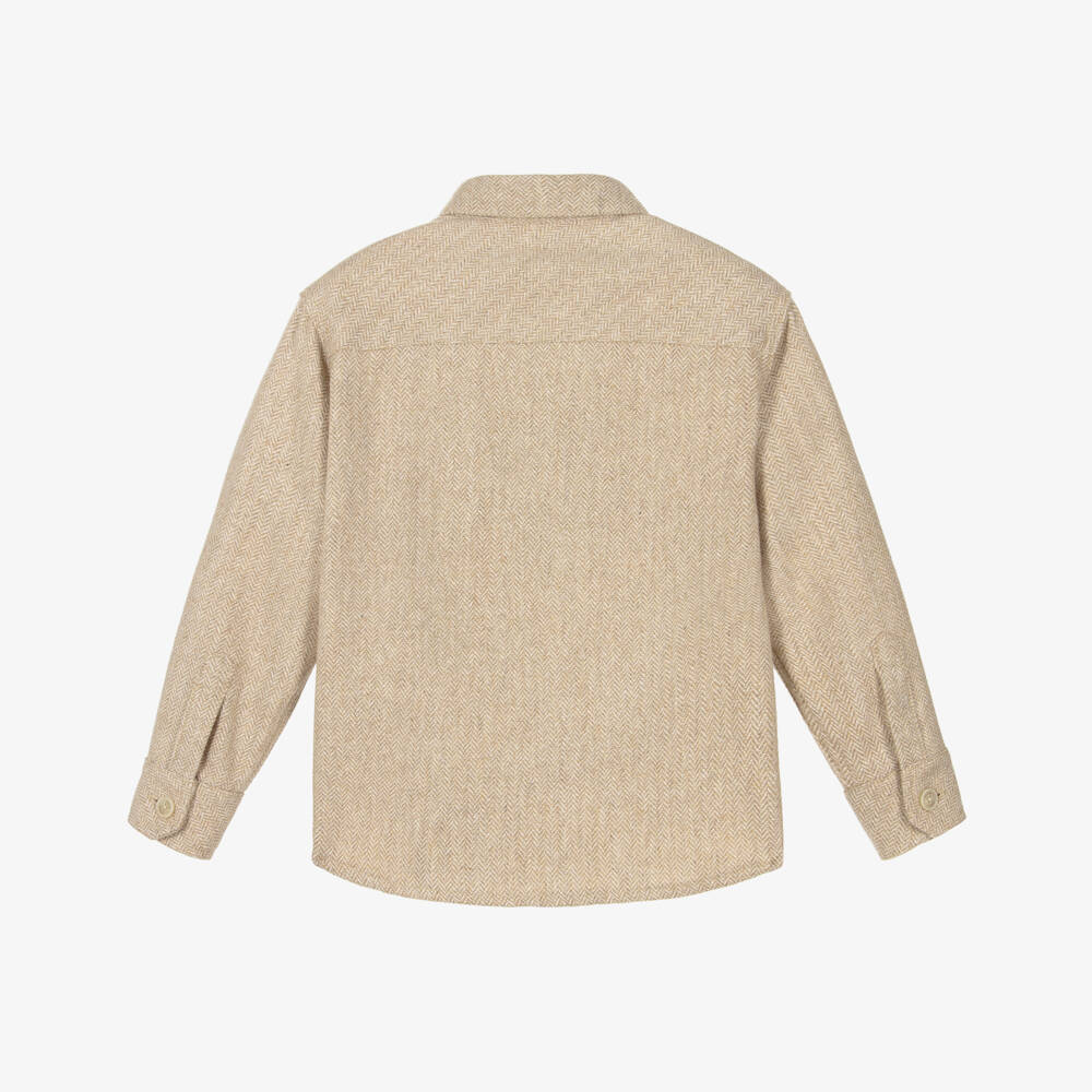 Eleventy-Boys Beige Herringbone Wool Mix Overshirt | Childrensalon