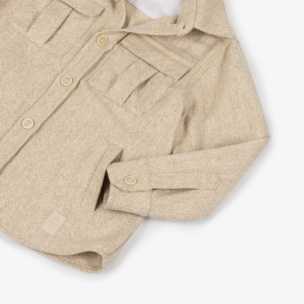 Eleventy-Boys Beige Herringbone Wool Mix Overshirt | Childrensalon