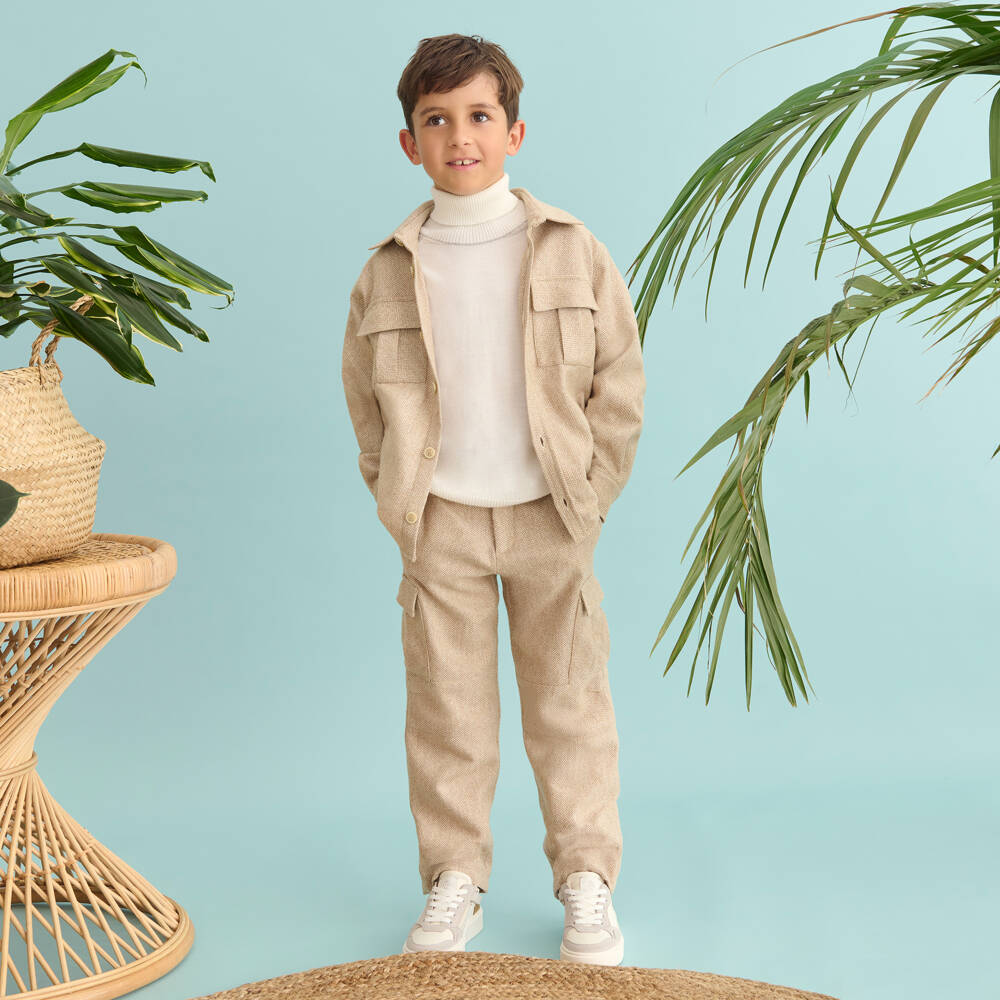 Eleventy-Boys Beige Herringbone Wool Mix Trousers | Childrensalon