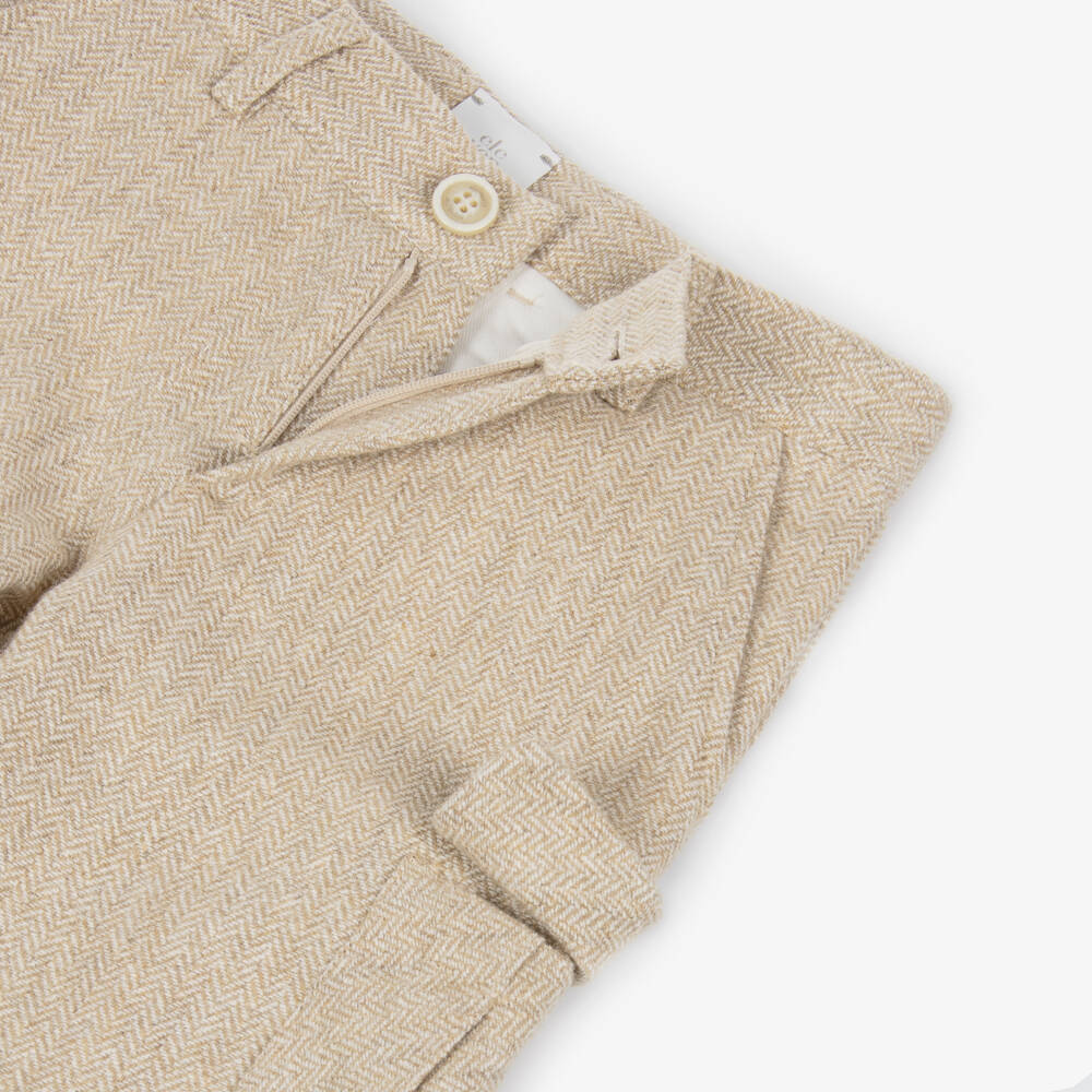 Eleventy-Boys Beige Herringbone Wool Mix Trousers | Childrensalon