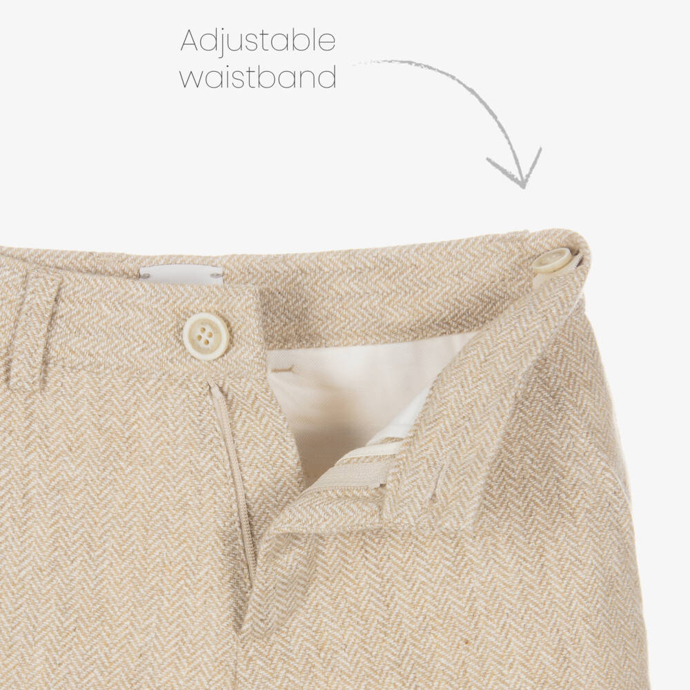 Eleventy-Boys Beige Herringbone Wool Mix Trousers | Childrensalon