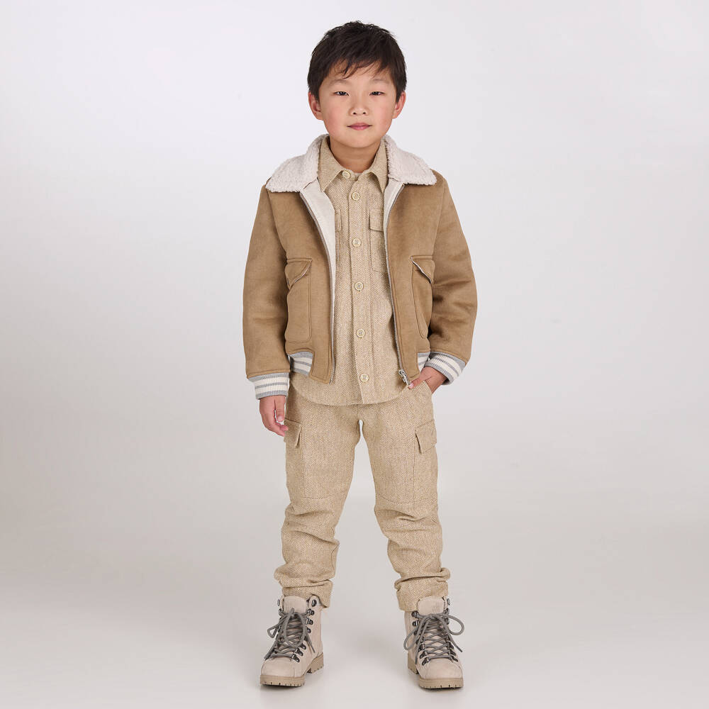Eleventy-Boys Beige Herringbone Wool Mix Trousers | Childrensalon