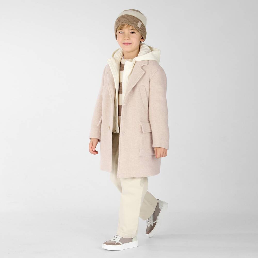 Eleventy-Boys Beige & Ivory Felted Wool Coat with Hood | Childrensalon