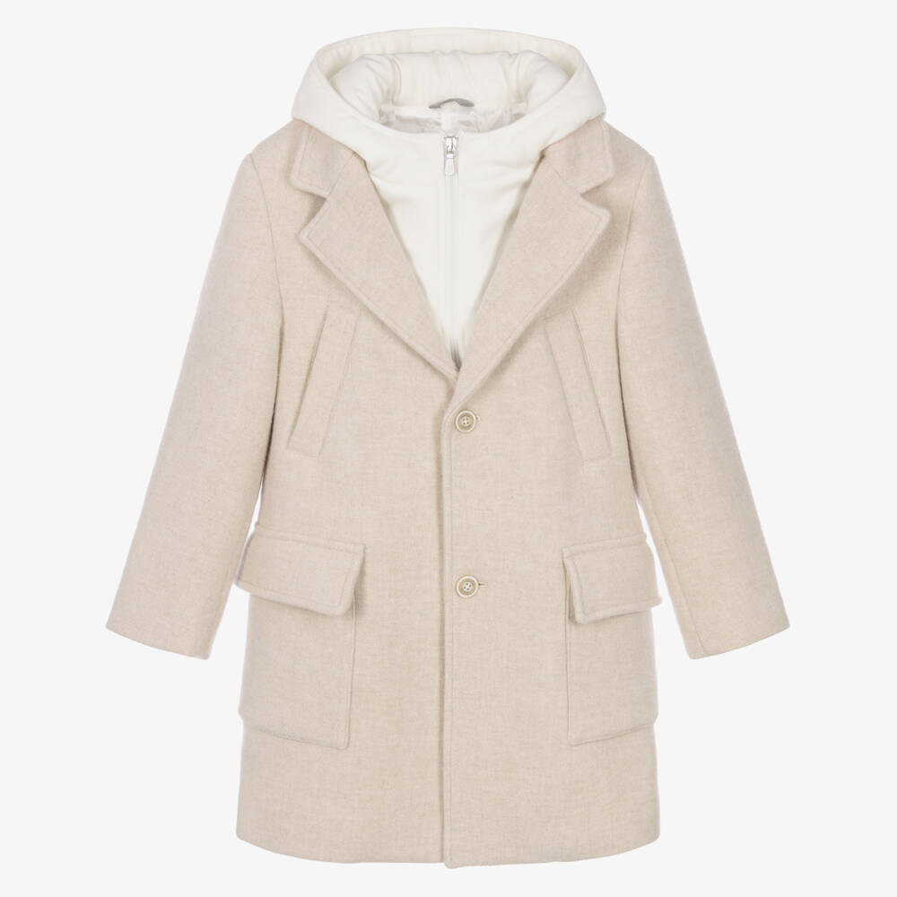 Eleventy-Boys Beige & Ivory Felted Wool Coat with Hood | Childrensalon
