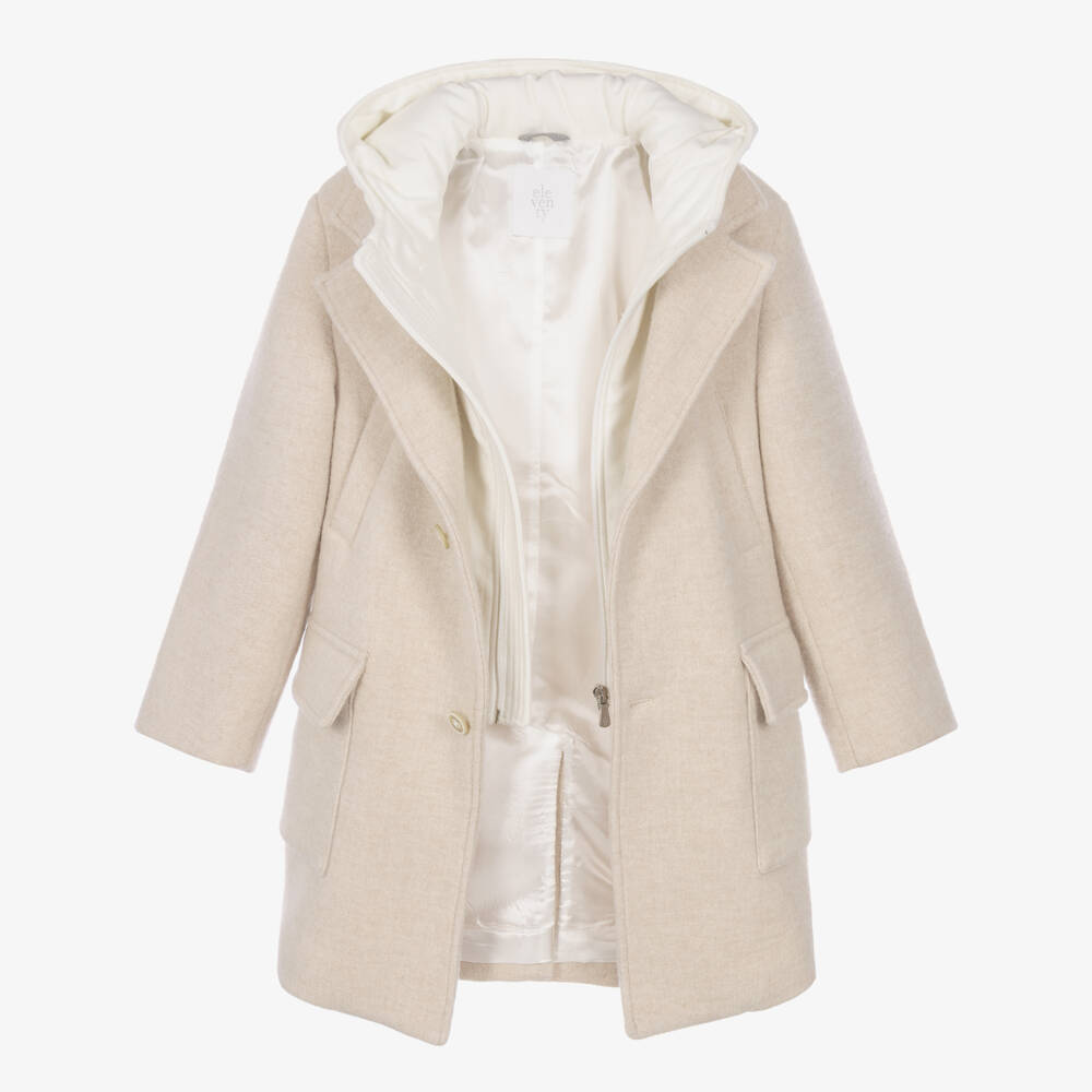 Eleventy-Boys Beige & Ivory Felted Wool Coat with Hood | Childrensalon