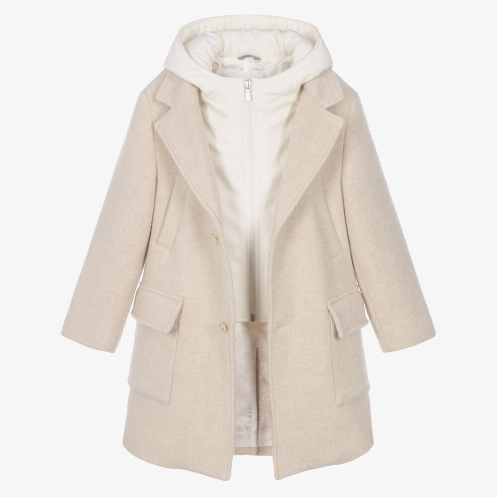 Eleventy-Boys Beige & Ivory Felted Wool Coat with Hood | Childrensalon