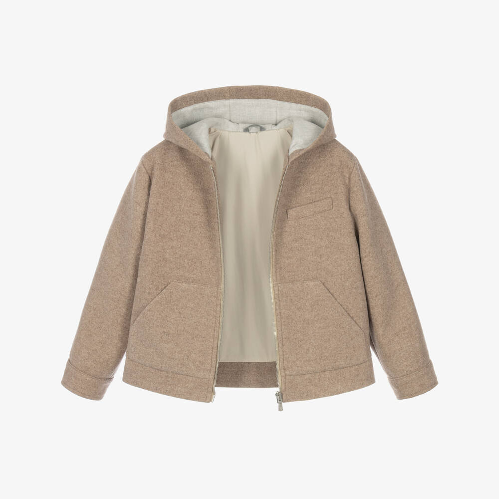 Eleventy-Boys Beige Marl Hooded Zip-Up Jacket | Childrensalon