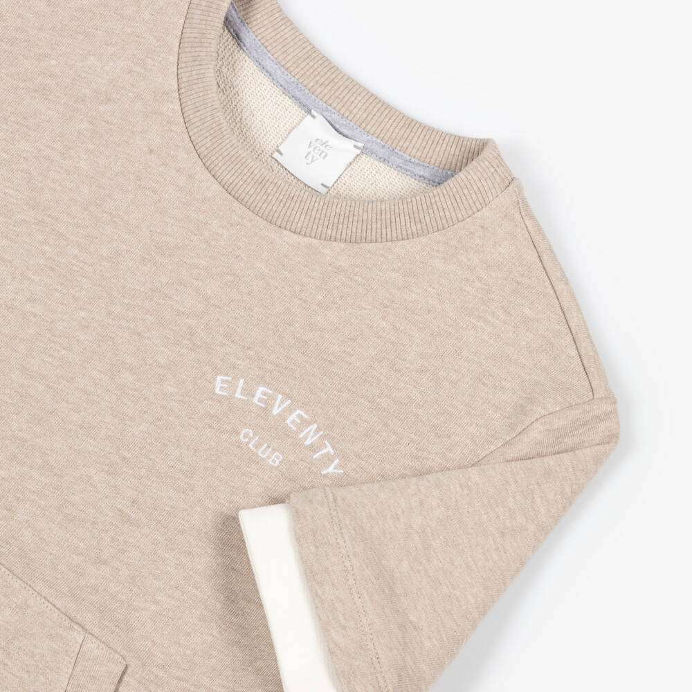 Eleventy-Бежевый свитшот с короткими рукавами и вышивкой логотипа для мальчиков | Childrensalon