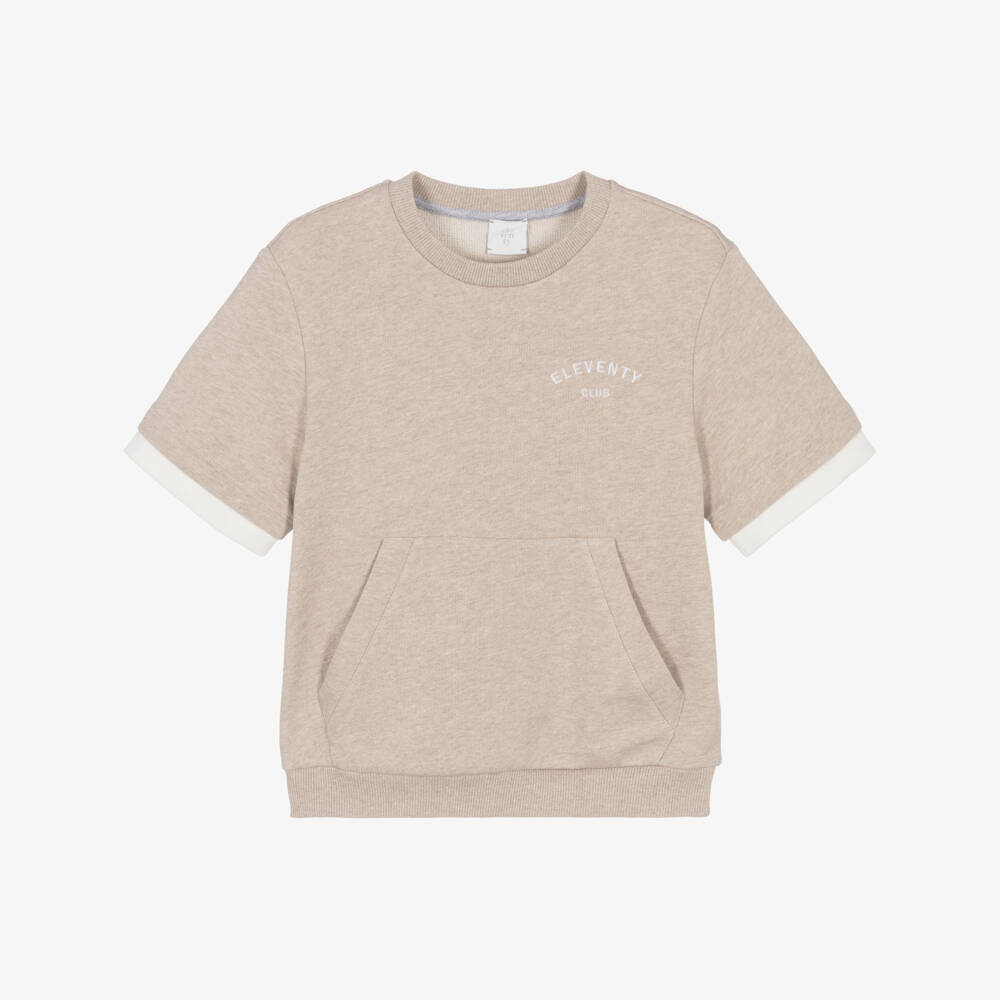 Eleventy-Бежевый свитшот с короткими рукавами и вышивкой логотипа для мальчиков | Childrensalon
