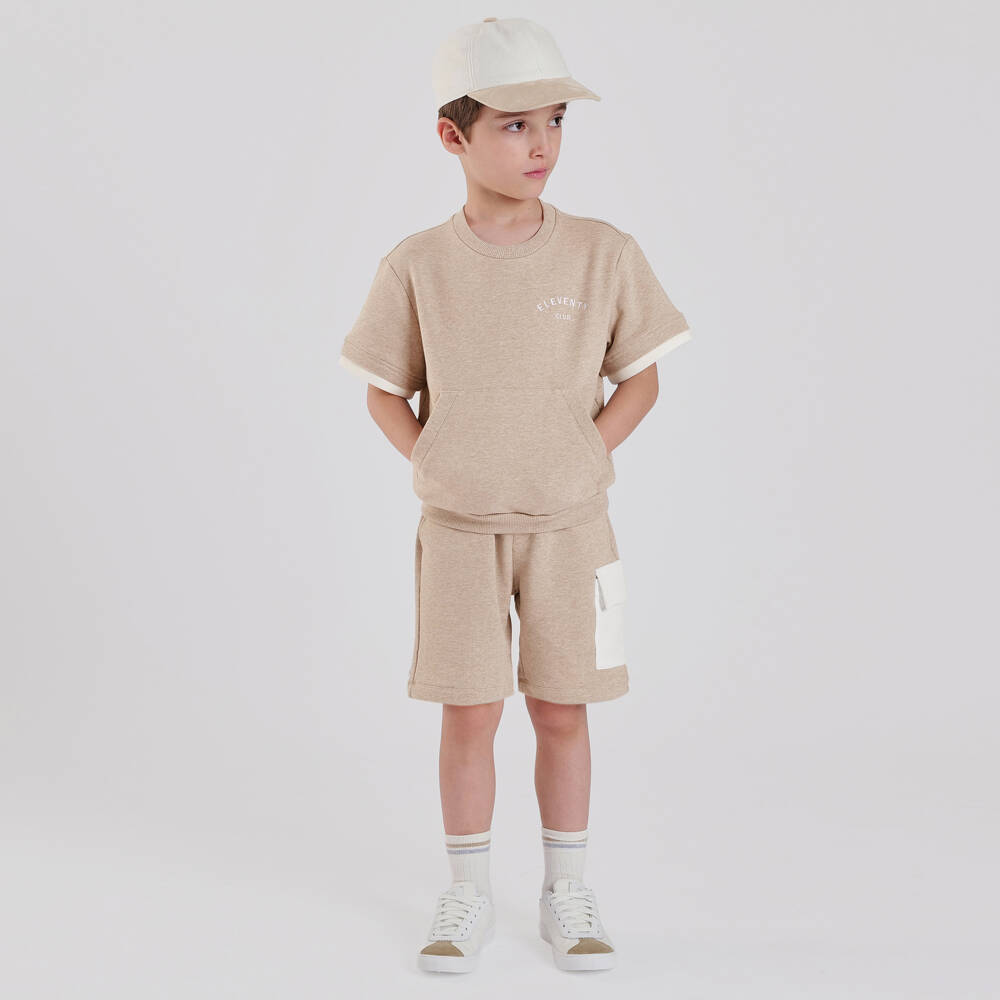 Eleventy-Boys Beige Short Sleeved Sweatshirt with Logo Embroidery | Childrensalon