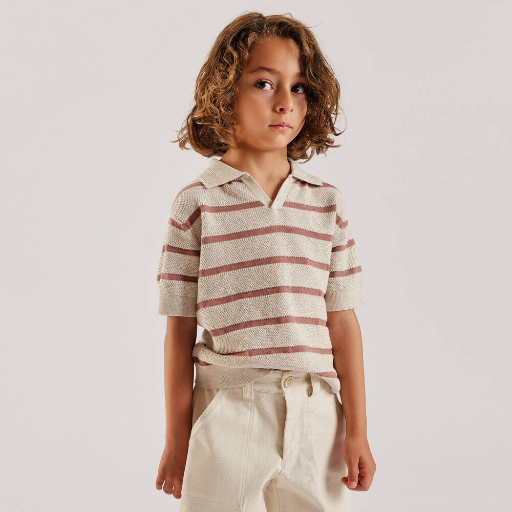 Eleventy-Boys Beige Stripe Textured Knit Polo Shirt | Childrensalon