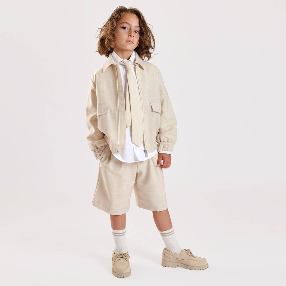 Eleventy-Boys Beige Wool Zip-Up Jacket | Childrensalon