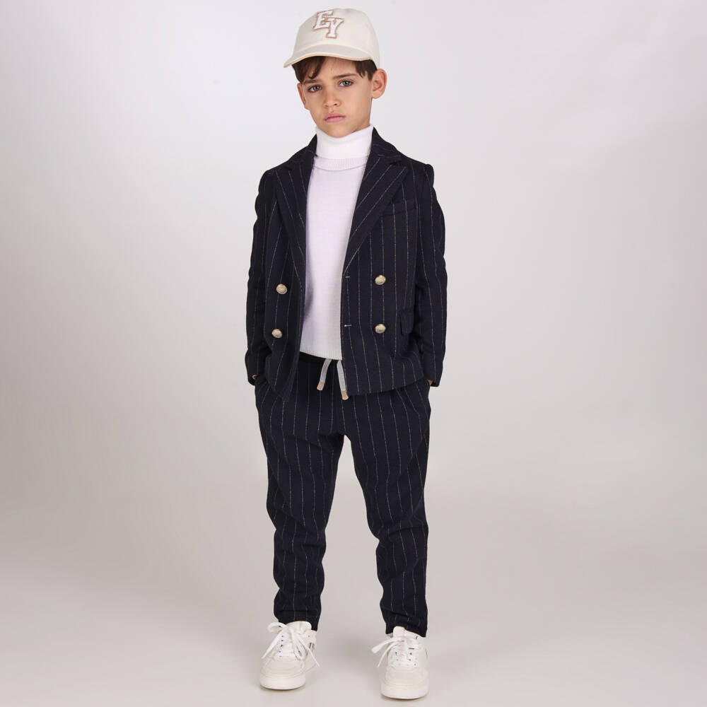 Eleventy-Boys Blue Pinstripe Drawstring Trousers | Childrensalon