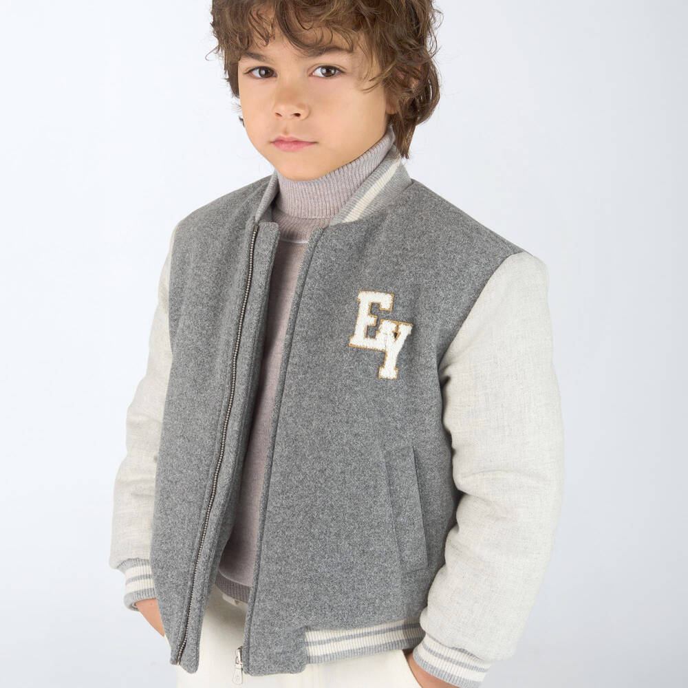 Eleventy-Boys Grey Felted Varsity-Style Jacket | Childrensalon
