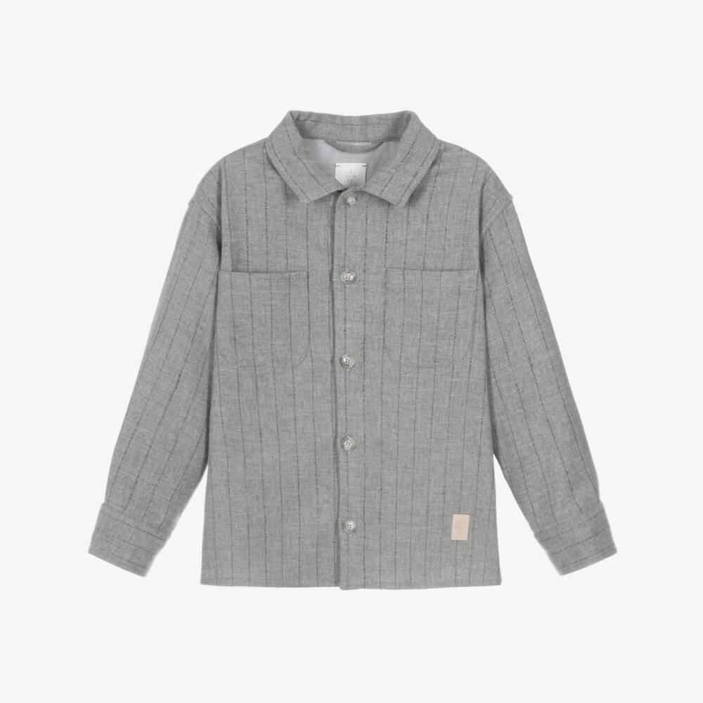 Eleventy-Boys Grey Wool Blend Striped Shirt | Childrensalon