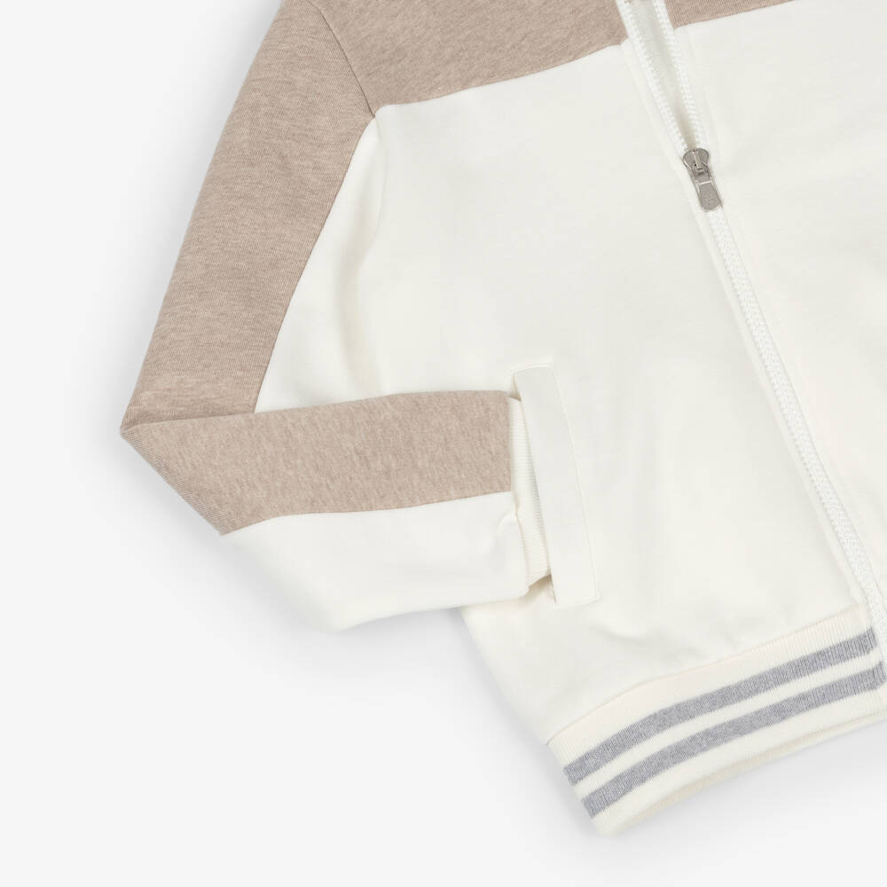 Eleventy-Boys Ivory & Beige Hooded Zip Up Top | Childrensalon