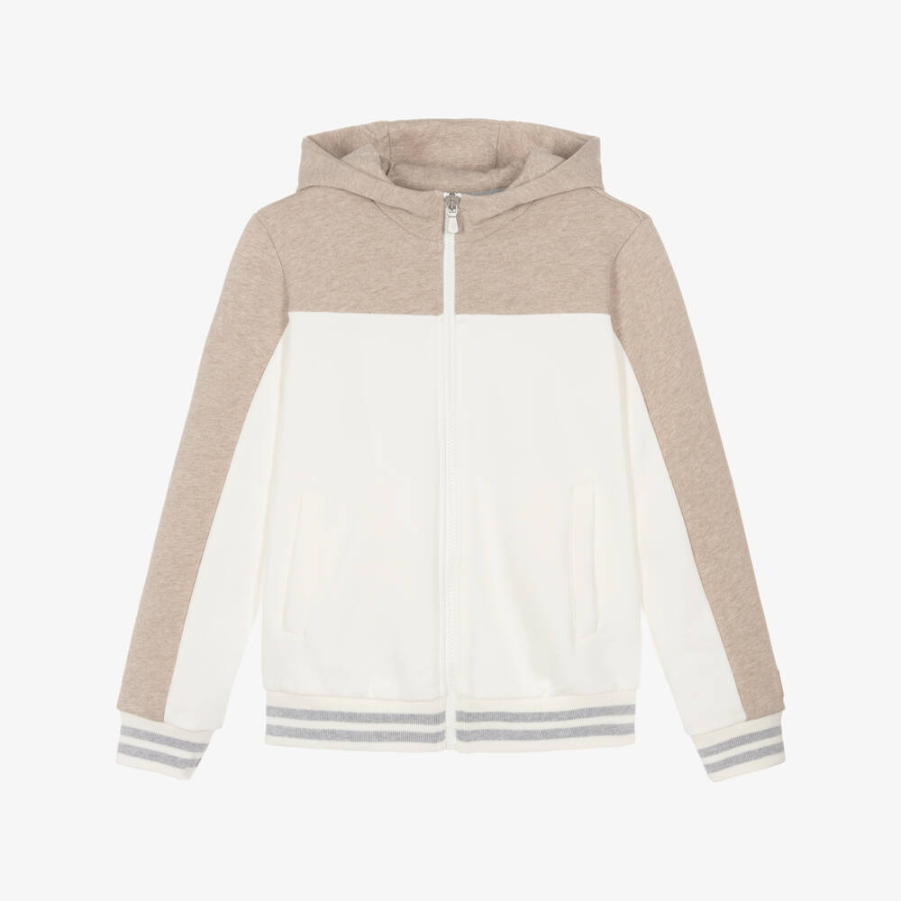 Eleventy-Boys Ivory & Beige Hooded Zip Up Top | Childrensalon