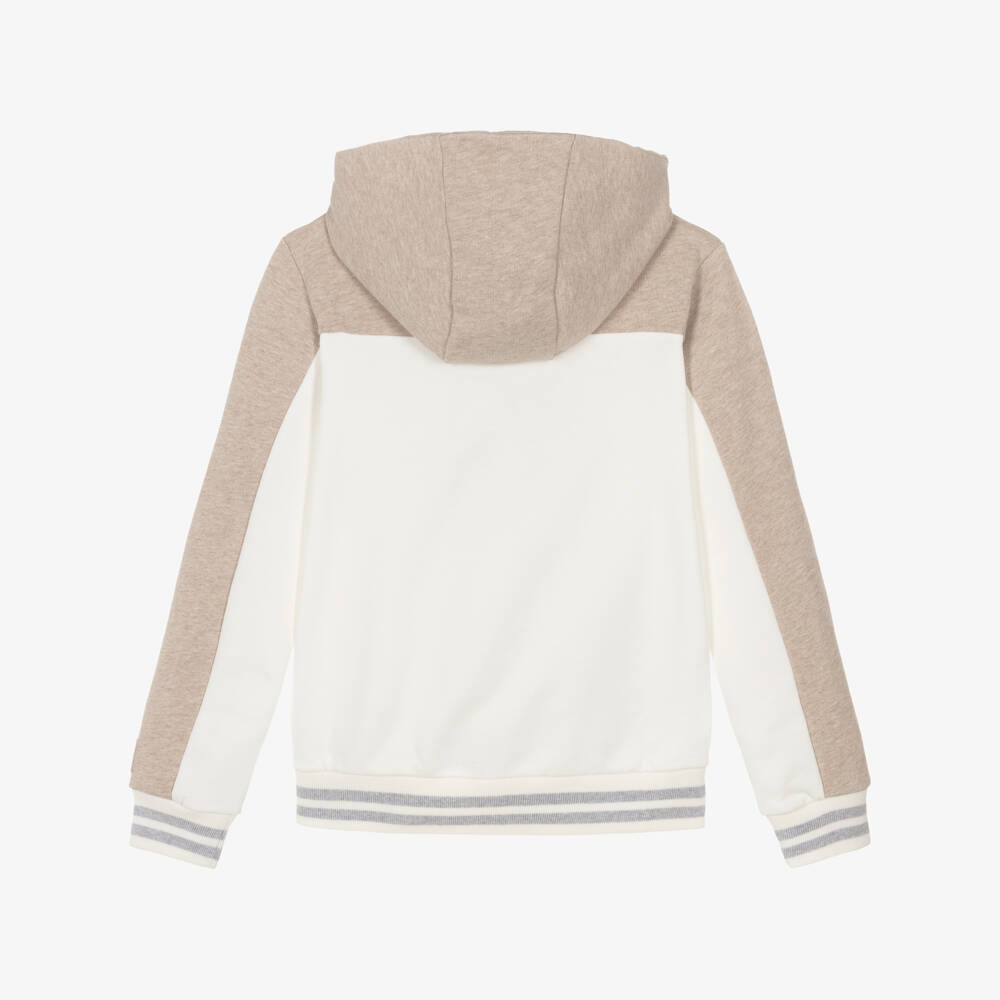 Eleventy-Boys Ivory & Beige Hooded Zip Up Top | Childrensalon