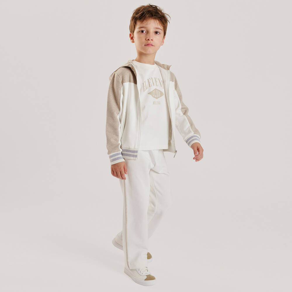 Eleventy-Boys Ivory & Beige Hooded Zip Up Top | Childrensalon
