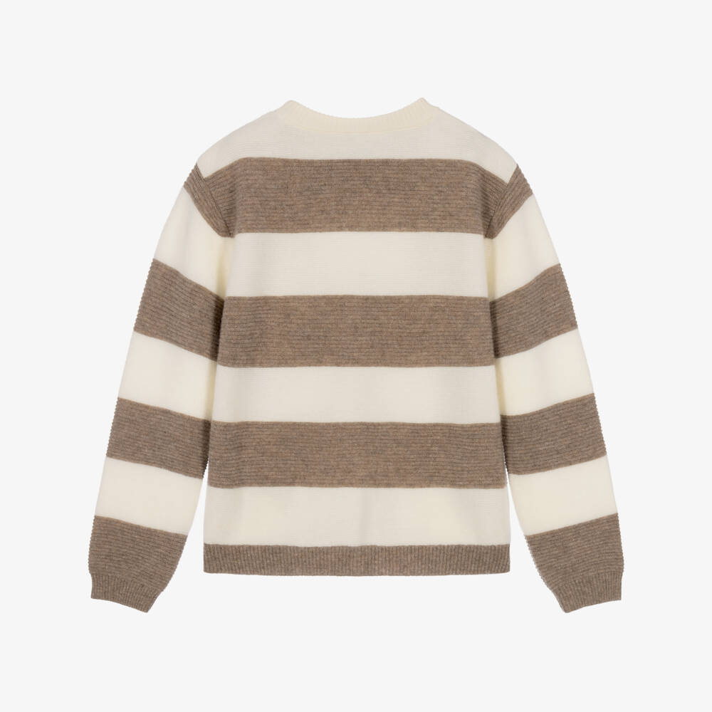Eleventy-Boys Ivory & Beige Stripe Wool & Cashmere Sweater | Childrensalon
