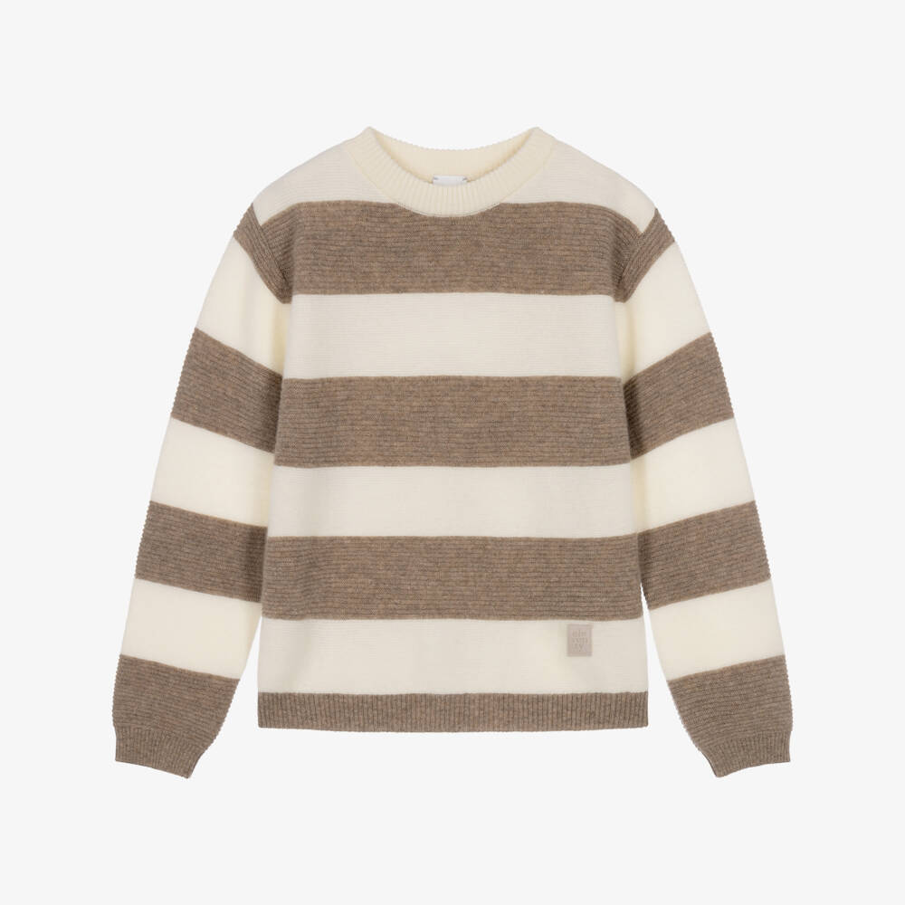 Eleventy-Boys Ivory & Beige Stripe Wool & Cashmere Sweater | Childrensalon