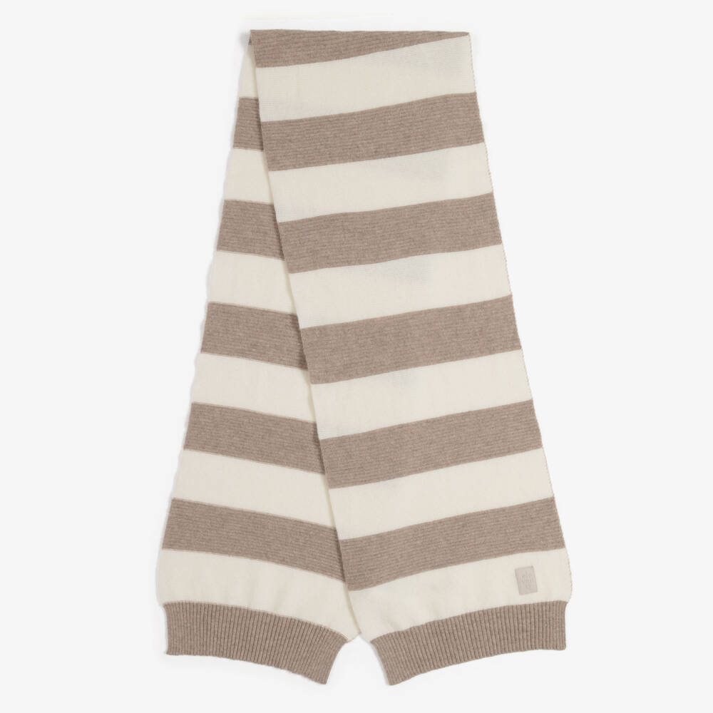 Eleventy-Boys Ivory & Beige Stripe Wool Hat & Scarf Set | Childrensalon