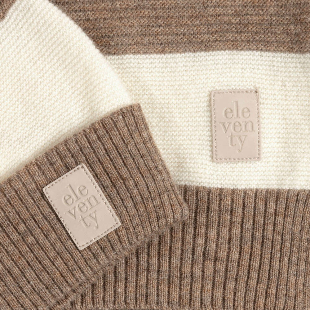 Eleventy-Boys Ivory & Beige Stripe Wool Hat & Scarf Set | Childrensalon