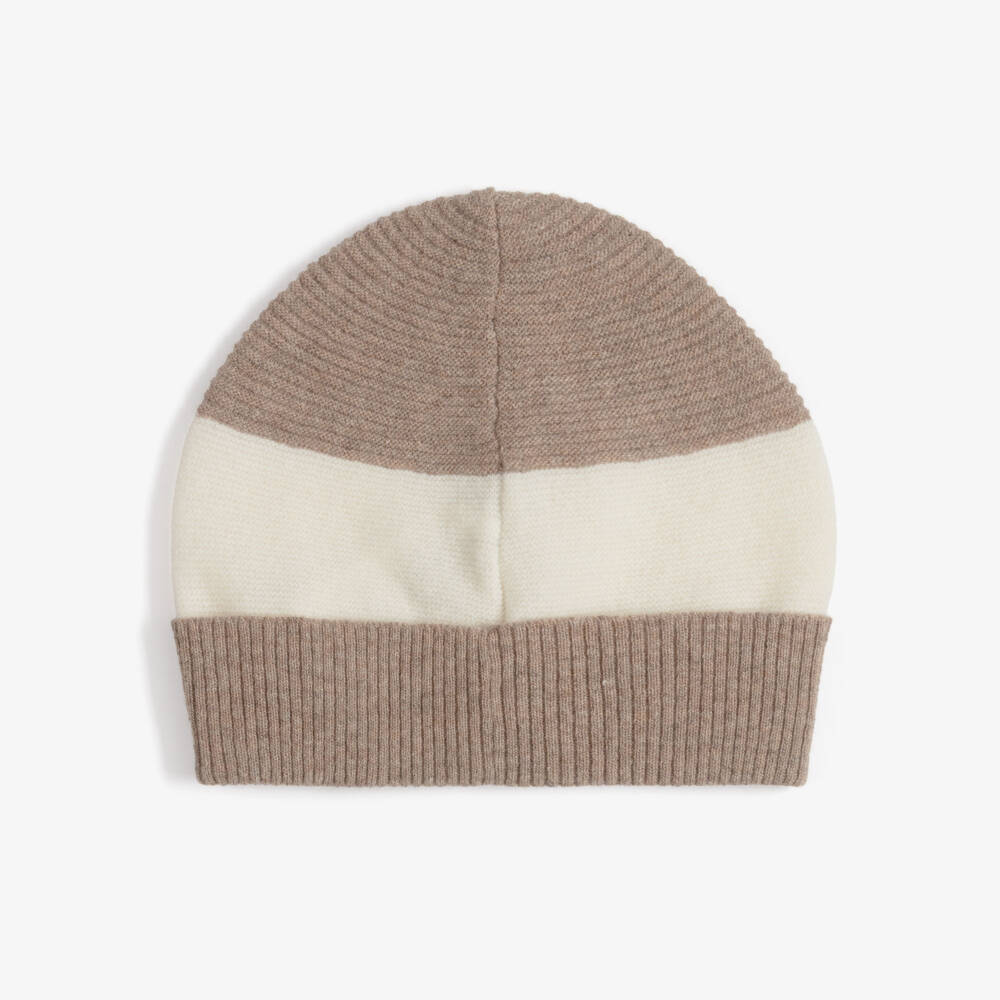 Eleventy-Boys Ivory & Beige Stripe Wool Hat & Scarf Set | Childrensalon