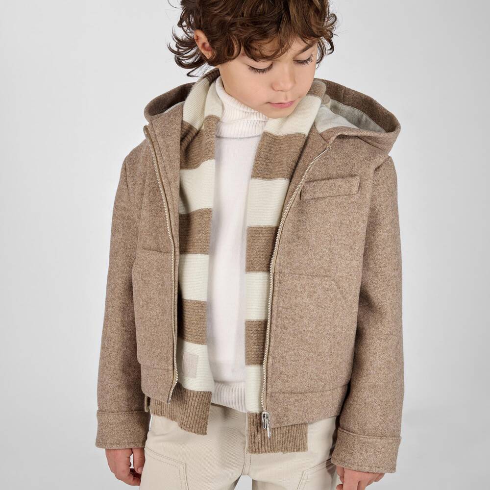 Eleventy-Boys Ivory & Beige Stripe Wool Hat & Scarf Set | Childrensalon