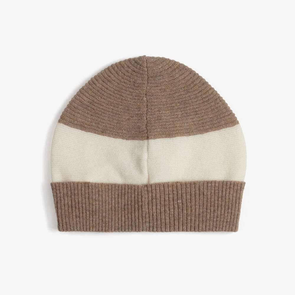 Eleventy-Boys Ivory & Beige Stripe Wool Hat & Scarf Set | Childrensalon