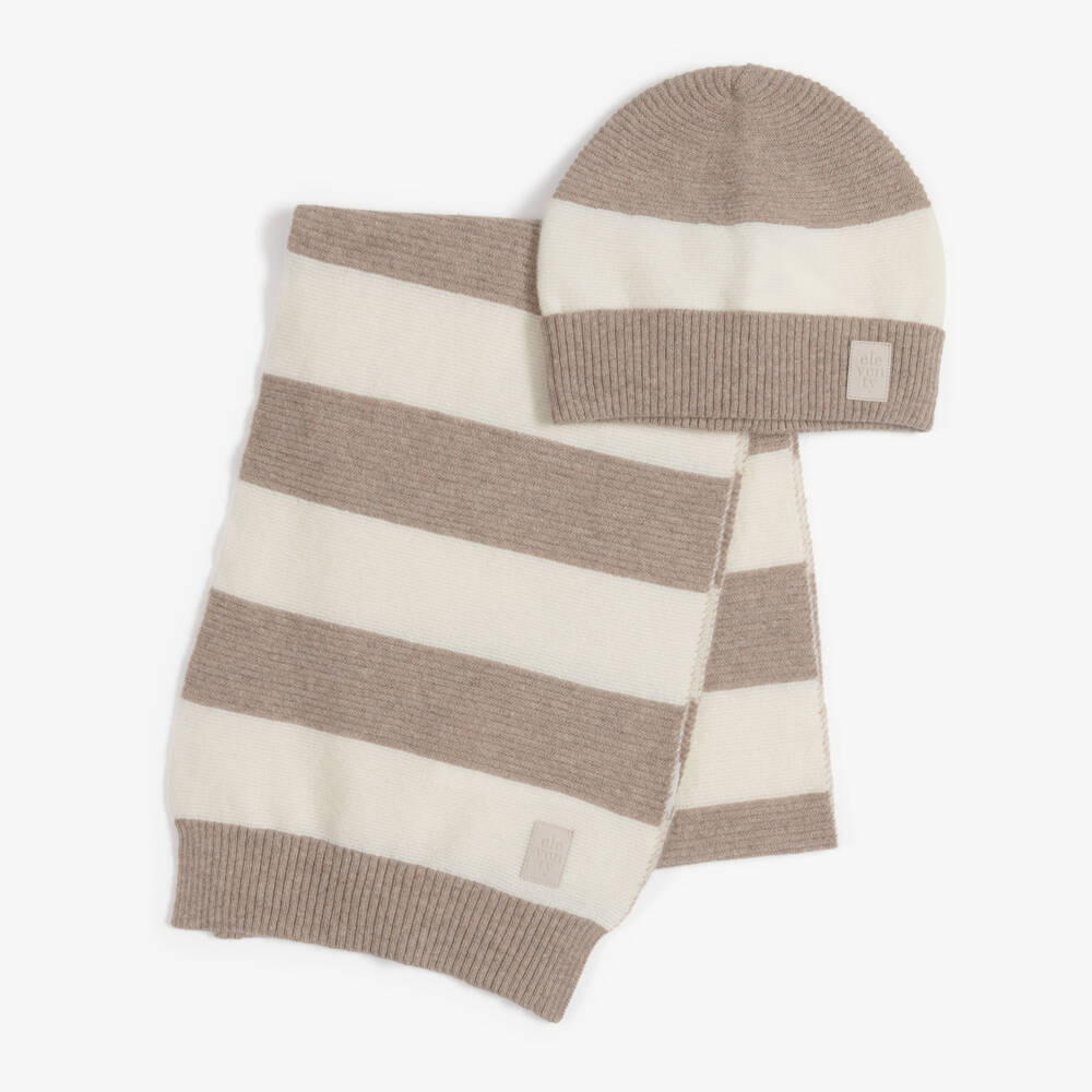 Eleventy-Boys Ivory & Beige Stripe Wool Hat & Scarf Set | Childrensalon