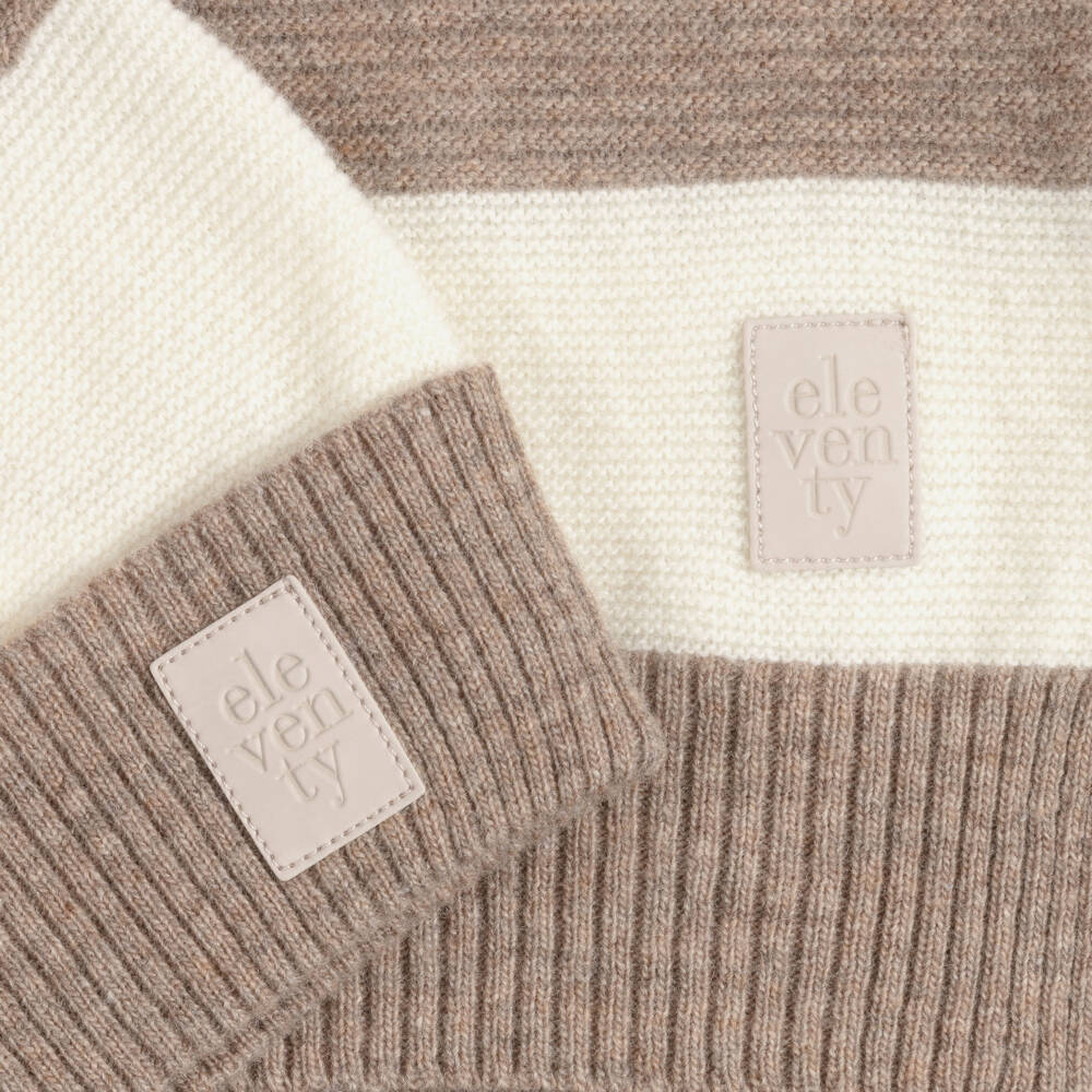 Eleventy-Boys Ivory & Beige Stripe Wool Hat & Scarf Set | Childrensalon