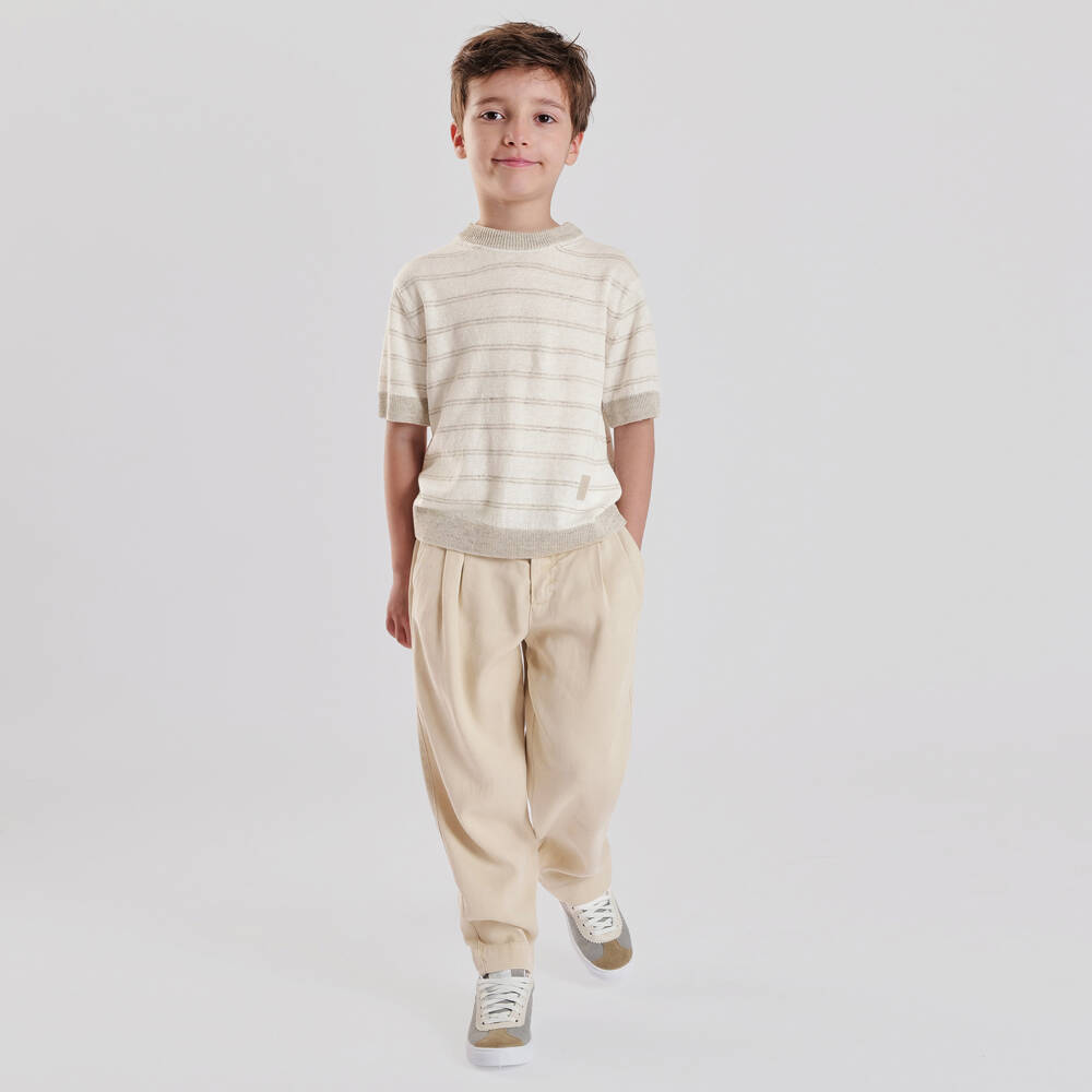 Eleventy-Boys Ivory & Beige Striped Knit Top | Childrensalon