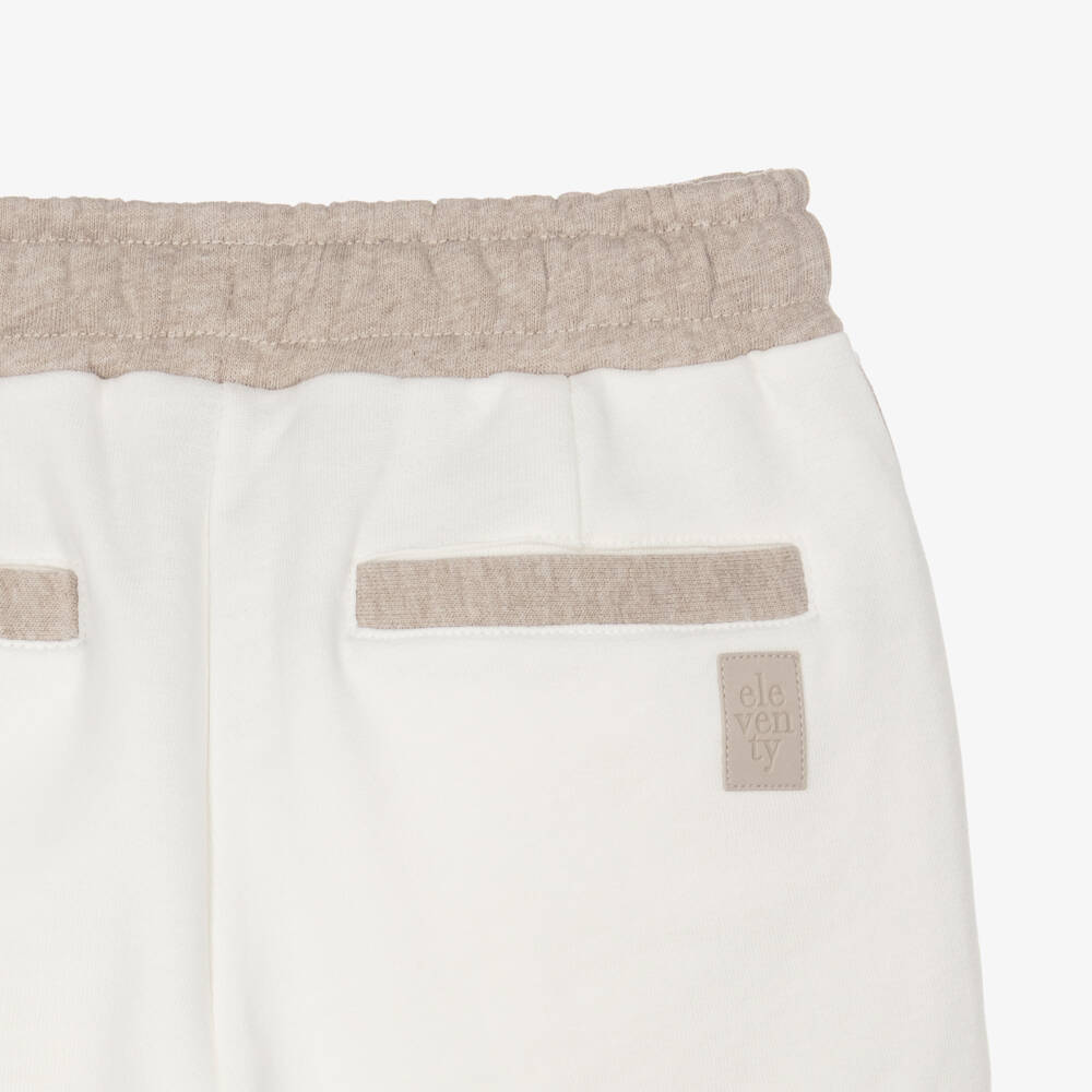 Eleventy-Boys Ivory Cotton Joggers with Beige Trims | Childrensalon