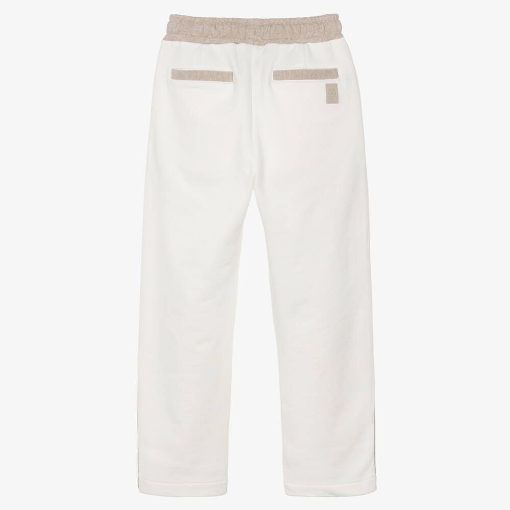 Eleventy-Boys Ivory Cotton Joggers with Beige Trims | Childrensalon