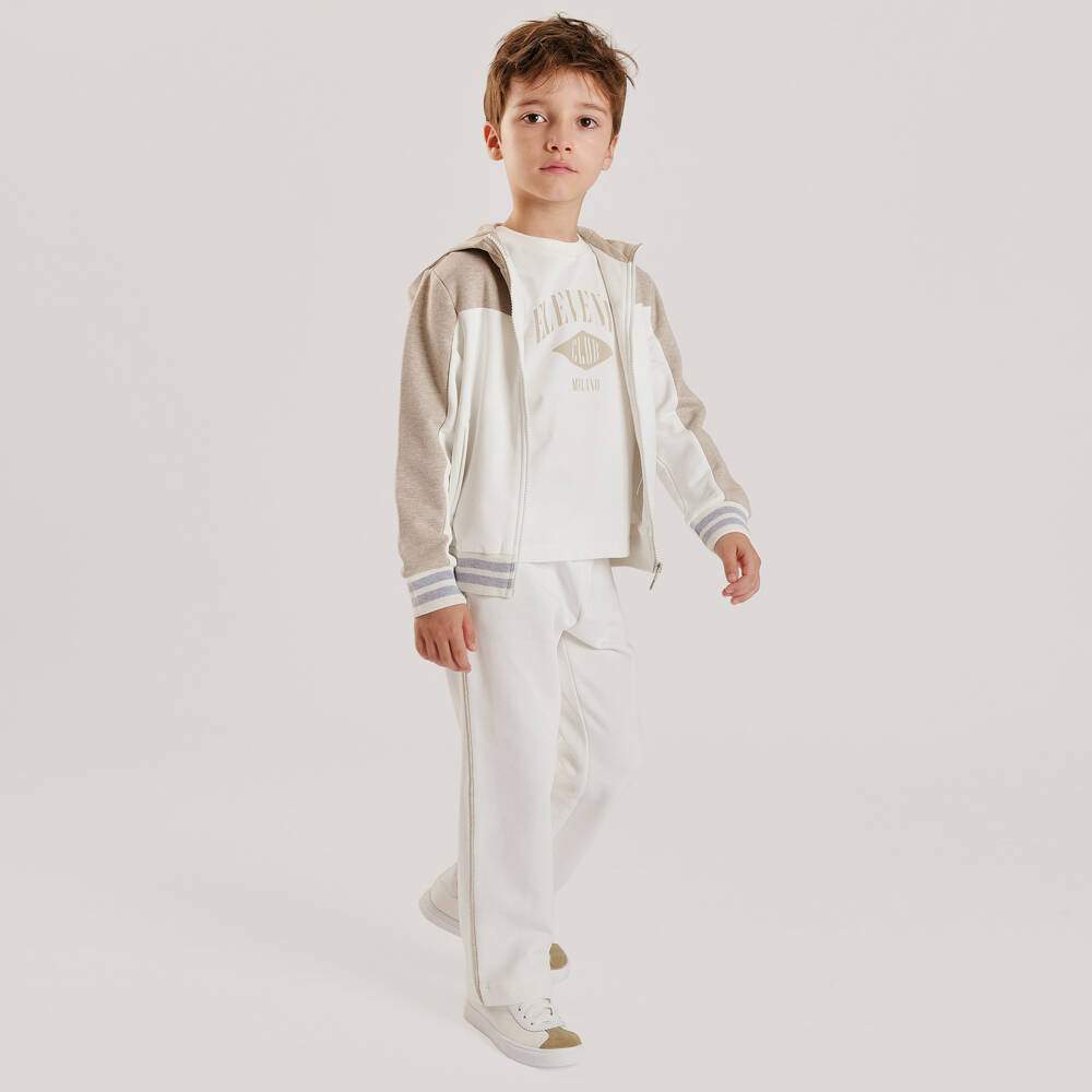 Eleventy-Boys Ivory Cotton Joggers with Beige Trims | Childrensalon