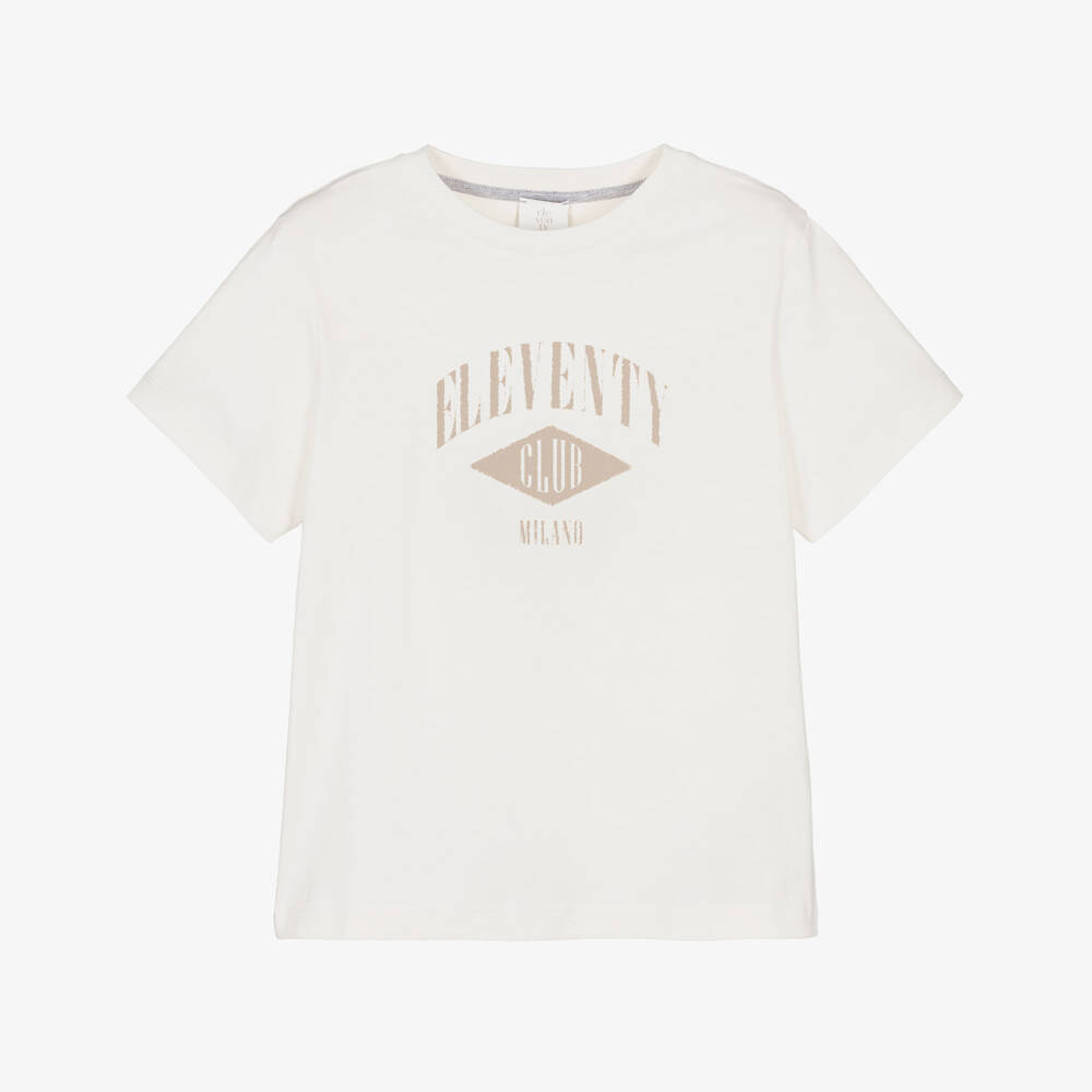 Eleventy-Boys Ivory Cotton T-Shirt with Beige Logo Graphic | Childrensalon