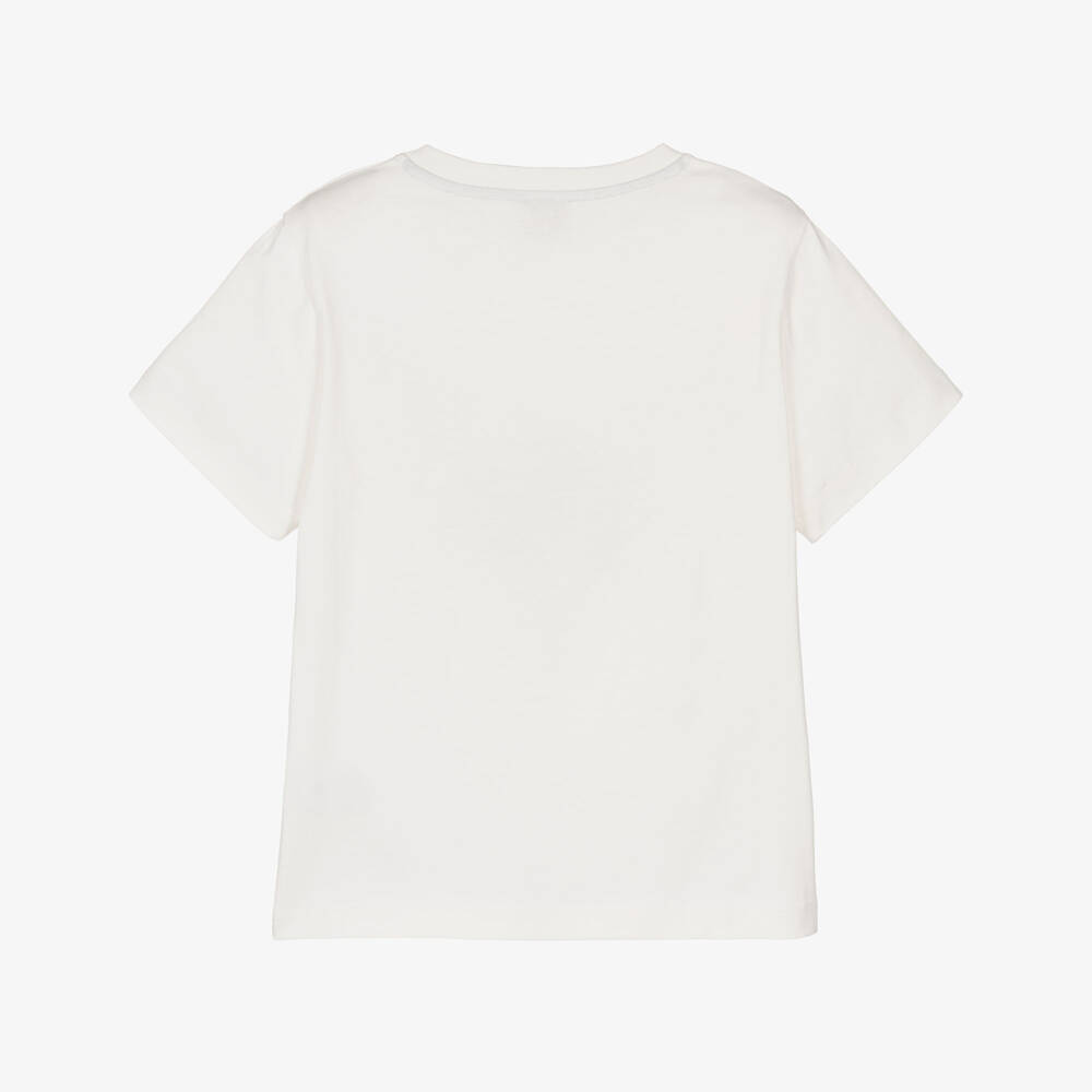 Eleventy-Boys Ivory Cotton T-Shirt with Beige Logo Graphic | Childrensalon