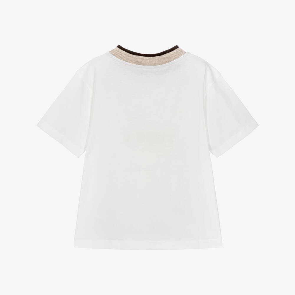 Eleventy-Boys Ivory Cotton T-Shirt with Ribbed Neck | Childrensalon