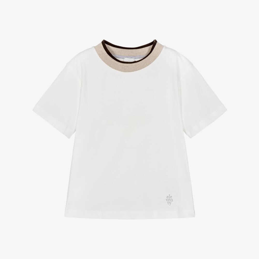 Eleventy-Boys Ivory Cotton T-Shirt with Ribbed Neck | Childrensalon
