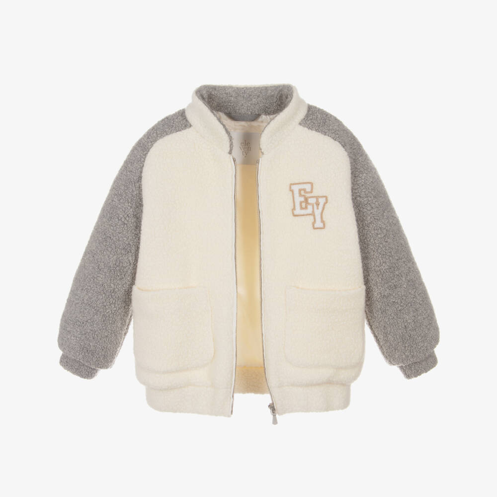 Eleventy-Boys Ivory & Grey Sherpa Fleece Jacket | Childrensalon