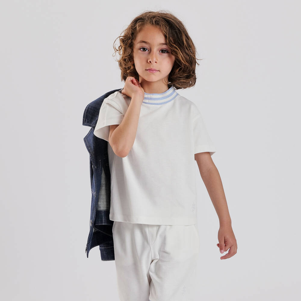 Eleventy-Boys Ivory Piqué T-Shirt with Blue Trim | Childrensalon
