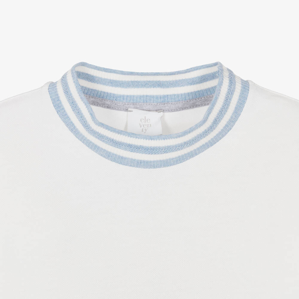 Eleventy-Boys Ivory Piqué T-Shirt with Blue Trim | Childrensalon